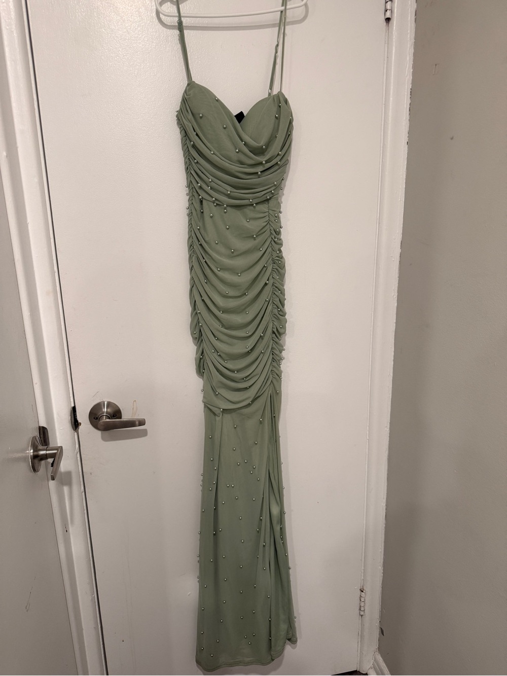 Windsor Sage Green Ruched Maxi Dress with Pearl Bead Accents